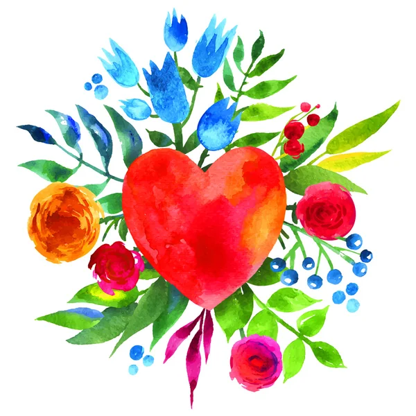 Винтажный фон с цветами в любви и цветочным сердцем, акварельные цветочные сердца. Икона Любви Сердце. Летние ботанические элементы. Любовная открытка с акварельным цветочным букетом . — стоковый вектор