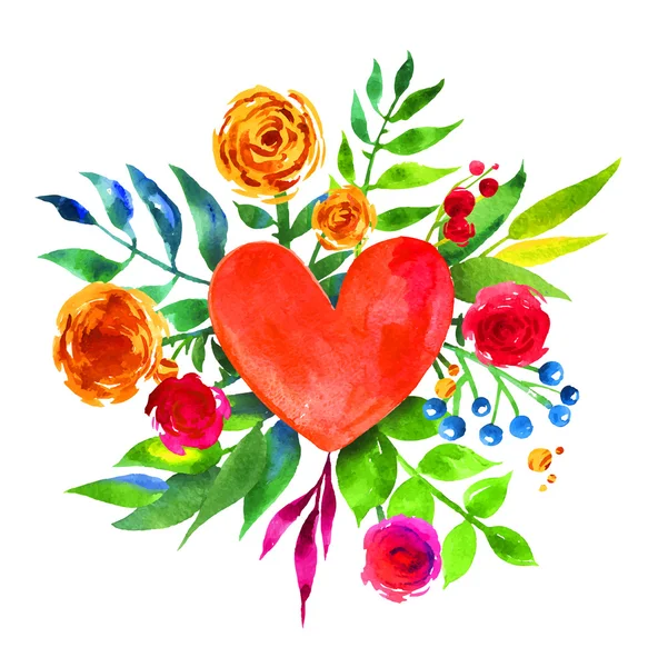 Fond vintage avec des fleurs en amour et coeur de fleur, Beau coeur floral aquarelle. Love Heart icône. Éléments botaniques d'été. Carte d'amour avec bouquet floral aquarelle . — Image vectorielle