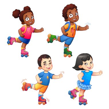 Paten çocuklar erkek ve kız. Afro-Amerikan çocuk ve Asya çocuk. Spor, çocuklarda hızını ve çocukluk tadını çıkarın. Koyu renkli ve Asya çocuk tekerlekli paten üzerinde binmek