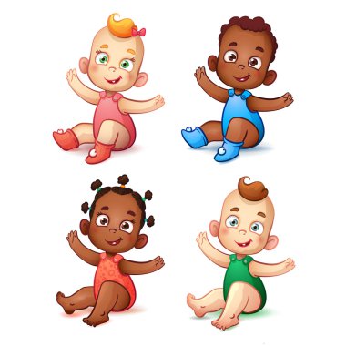 Şirin Afrikalı-Amerikalı bebek erkek ve kız. Tatlı beyaz deri çocuklar. Kollarını açarak mutlu çocuk