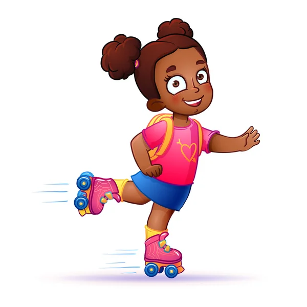 Little girl dark skin rides on roller skates. — Stock Vector