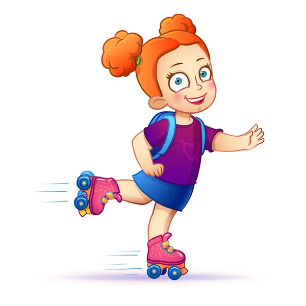 Little girl rides on roller skates.Teen enjoy the speed and freedom. — Stock Vector