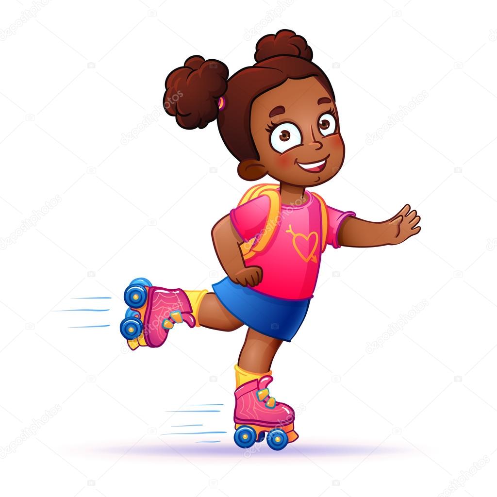 Little girl dark skin rides on roller skates. 