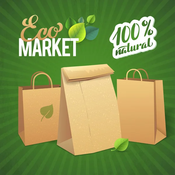 Эко Маркет Промо. Бумажные пакеты и листья на зеленом фоне — стоковый вектор