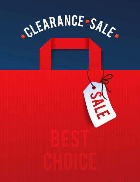 Clearance Sale Poster with percent discount. Illustration of paper shopping bags and lights. 