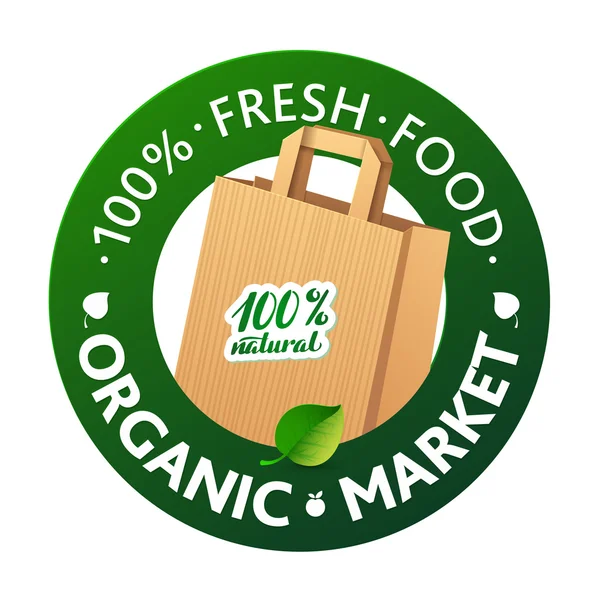 Eco Market Badge Promo. Sacs et feuilles en papier sur fond vert — Image vectorielle