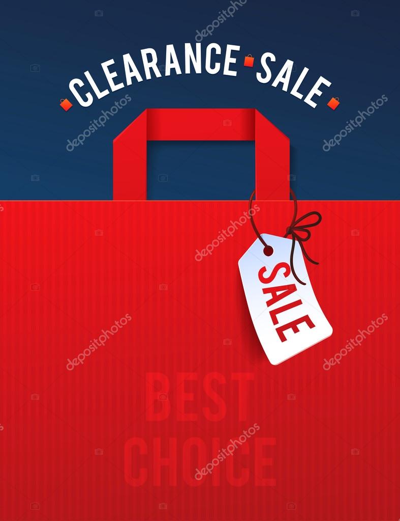 Clearance Sale Poster with percent discount. Illustration of paper shopping bags and lights