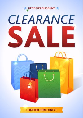 Clearance Sale Poster with percent discount. Illustration of paper shopping bags and lights