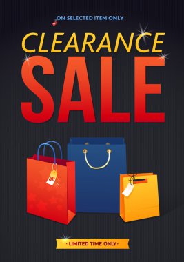Clearance Sale Poster with percent discount. Illustration of paper shopping bags and lights