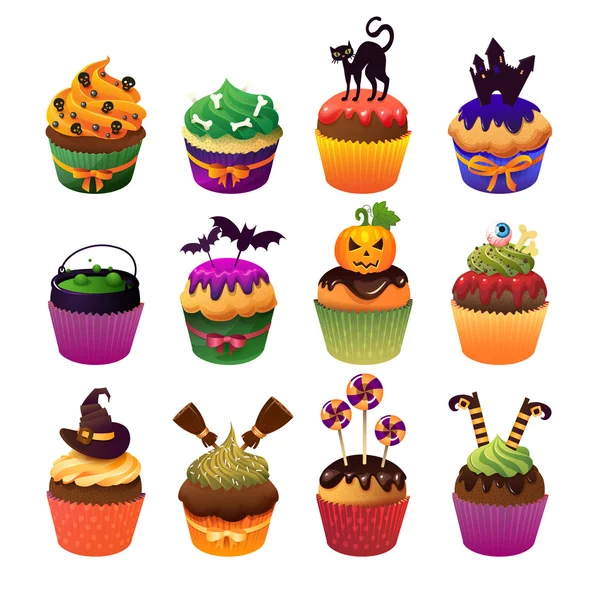 Happy Halloween cupcake set Scary sweets to celebrate — Stock Vector