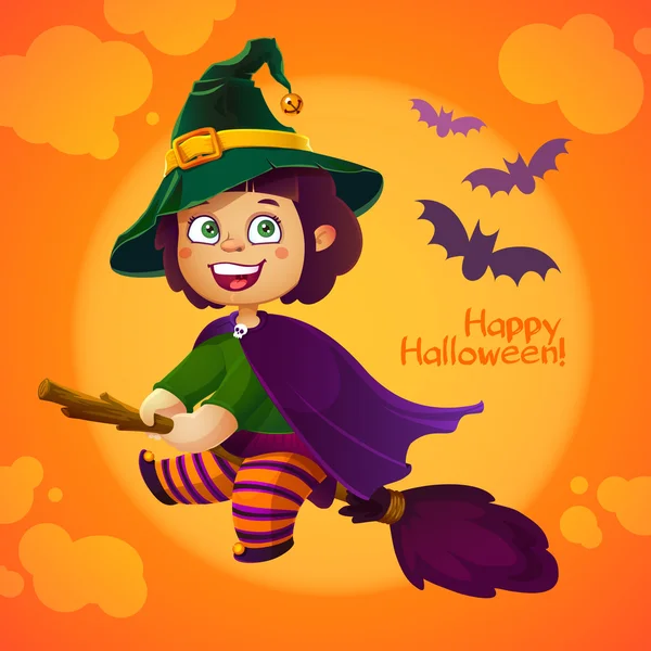 Happy Halloween Witch Girl Flying on Broom. — Stock Vector