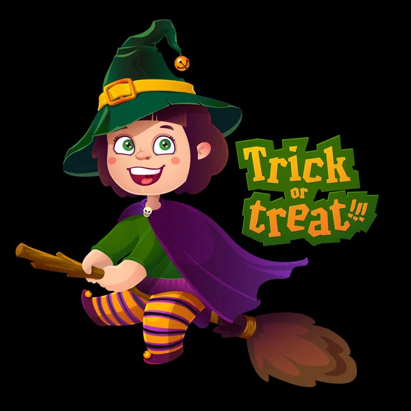 Happy Halloween Witch Girl Flying on Broom. — Stock Vector