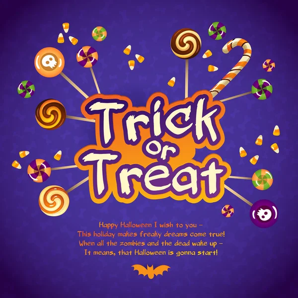 Tarjeta de felicitación Happy Halloween Trick or Treat con dulces y caramelo Cornon fondo violeta — Archivo Imágenes Vectoriales