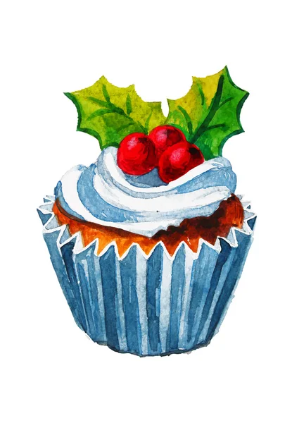 Christmas watercolor cupcake Vector illustration — Stock Vector