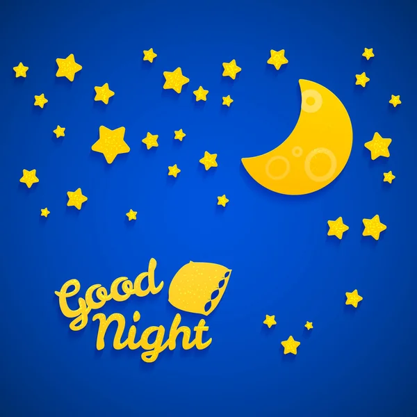 Buona notte Bed Time Illustrazione per i bambini. Stelle, Luna, Cuscino e iscrizione — Vettoriale Stock