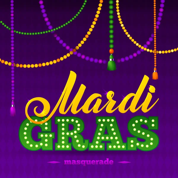 Mardi Gras partij Poster.Calligraphy en typografie Card. kralen kwastjes en Fleur De Lis symbool. Vakantie poster of plakkaat sjabloon — Stockvector