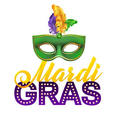 Mardi Gras parti maskesi Poster.Calligraphy ve tipografi kartı ışıklar, tüyler. Tatil ya da afiş şablon