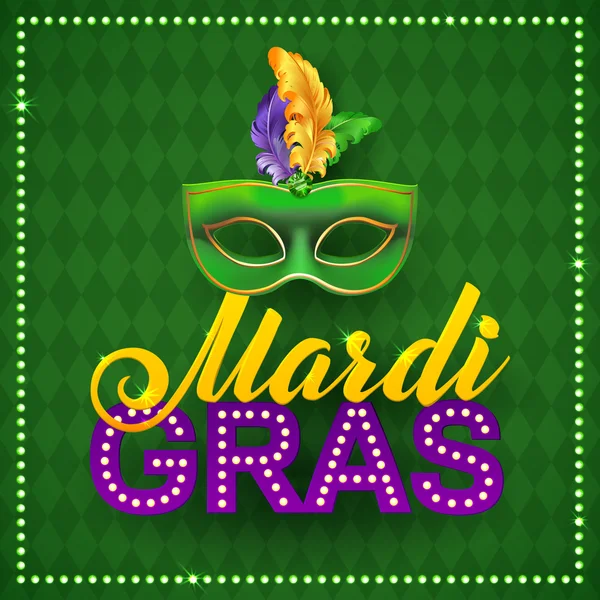 Mardi Gras part Mask Poster.Calligraphy och typografi Card. ljus, fjädrar. Semester eller plakat mall — Stock vektor