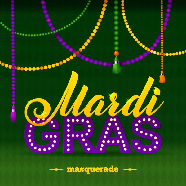 Mardi Gras Party poszter. Kalligráfia és tipográfia kártya. Gyöngyök Tassel és Fleur De Lis szimbólum. Ünnepi poszter vagy plakát sablon — Stock Vector
