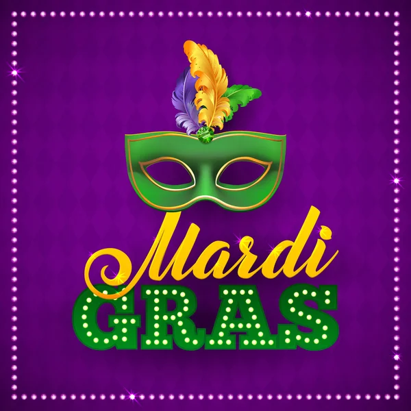 Mardi Gras part Mask Poster.Calligraphy och typografi Card. ljus, fjädrar. Semester eller plakat mall — Stock vektor