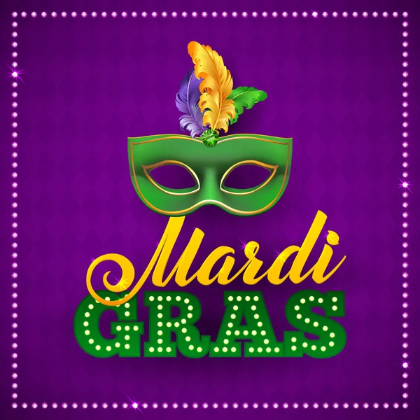 Mardi Gras Party Mask Poster.Cartão de Caligrafia e Tipografia. Luzes, Penas. Modelo de feriado ou cartaz — Vetor de Stock