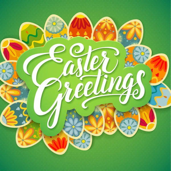 Easter Greetings Typographical Background with Painted Eggs — Stock Vector