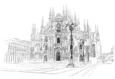 Milano Katedrali'ne, el çizimi, vektör çizim.