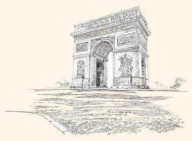 Arc de Triomphe Paris Fransa, el-çizim. Vektör çizim.