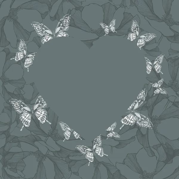 Corazón sobre fondo floral con mariposas. Vector illustrati — Vector de stock