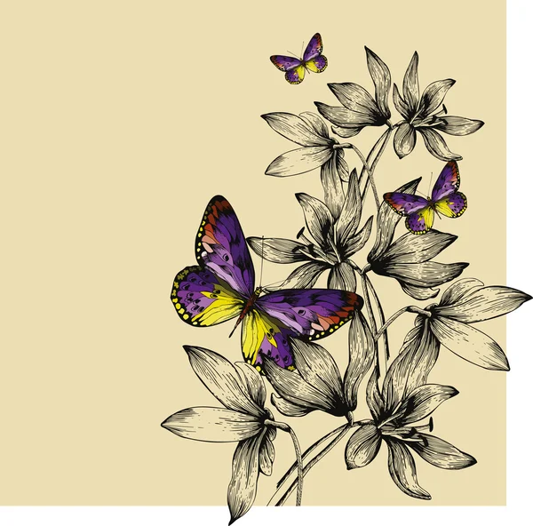 Blumenhintergrund mit bunten Schmetterlingen und Schneeglöckchen, Hand- — Stockvektor