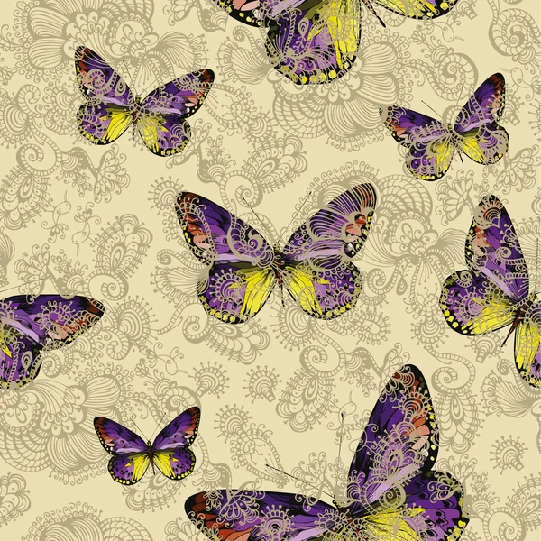 Nahtloses Blumenmuster mit bunten Schmetterlingen, Handzeichnung. — Stockvektor