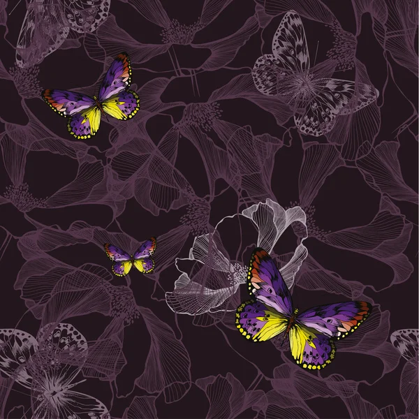 Bezešvé květinové fialové pozadí s motýly. Vektorové illus — Stockový vektor