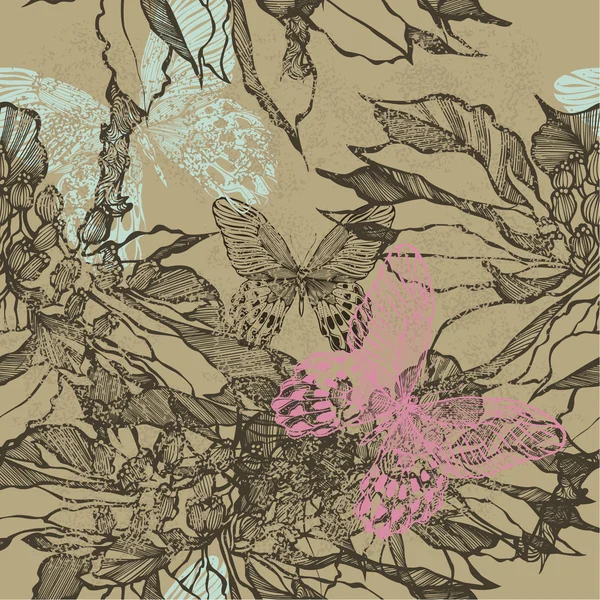 Vintage fond sans couture avec des fleurs et des papillons. Vecteur — Image vectorielle