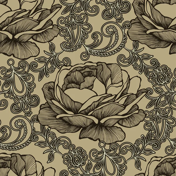 Fundo sem costura com ornamento floral e rosas. Vetor illus —  Vetores de Stock