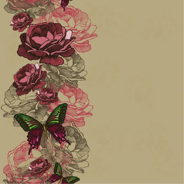 Seamless background with ribbon roses and butterflies. Vector il — Stock Vector