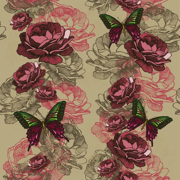 Бесшовный вертикальный узор с розами и бабочками. Векторное заболевание — стоковый вектор
