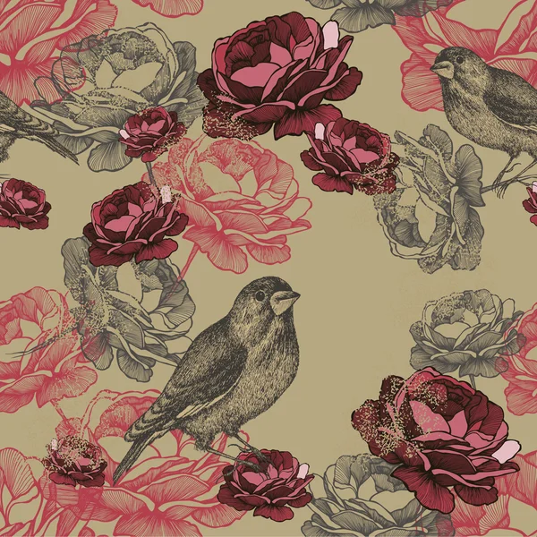 Vector illustration. Seamless floral pattern with roses and bird — Stock Vector