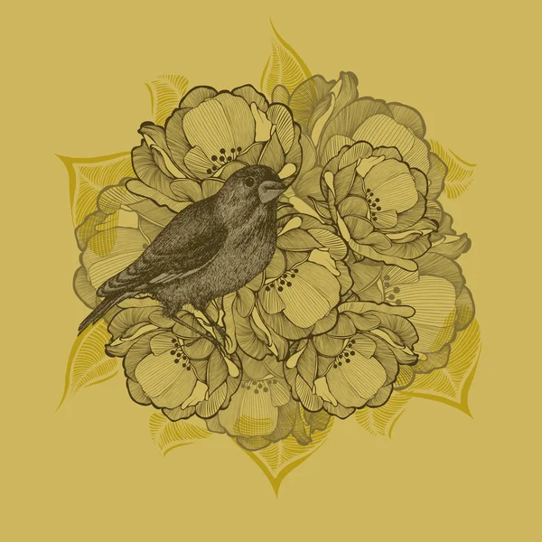 Spring achtergrond met bloemen en vogels, hand-tekening. Vector ik — Stockvector