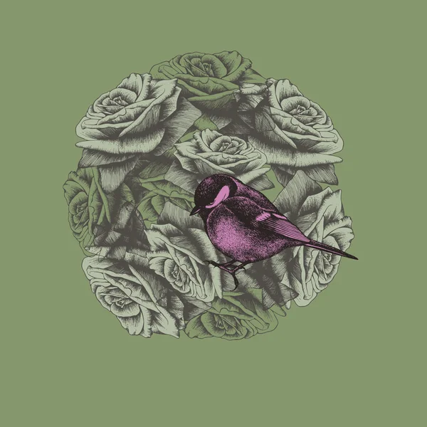 Fond printanier avec fleurs et oiseau, dessin à la main . — Image vectorielle