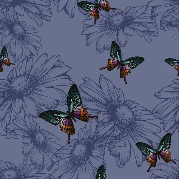 Fondo sin costuras con margaritas y mariposas, dibujo a mano . — Vector de stock