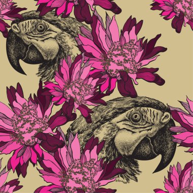 Seamless wallpaper with pink flowers and parrot, hand-drawing. V clipart