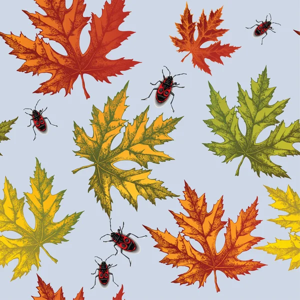 Seamless wallpaper with autumn maple leaves and red beetles, han — Stock Vector