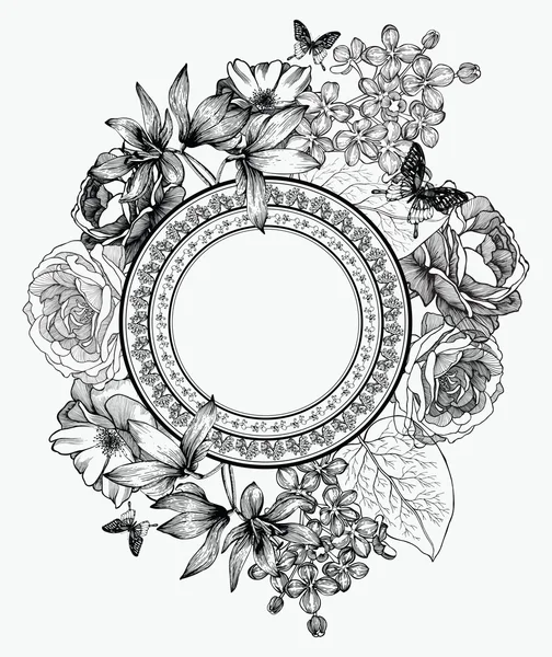 Zwart-wit vectorillustratie. Frame met bloemen en kont — Stockvector