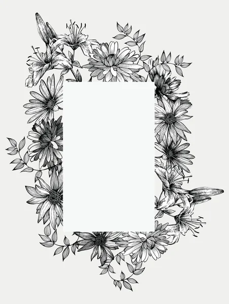 Illustrazione vettoriale in bianco e nero. Cornice con fiori, dr a mano — Vettoriale Stock