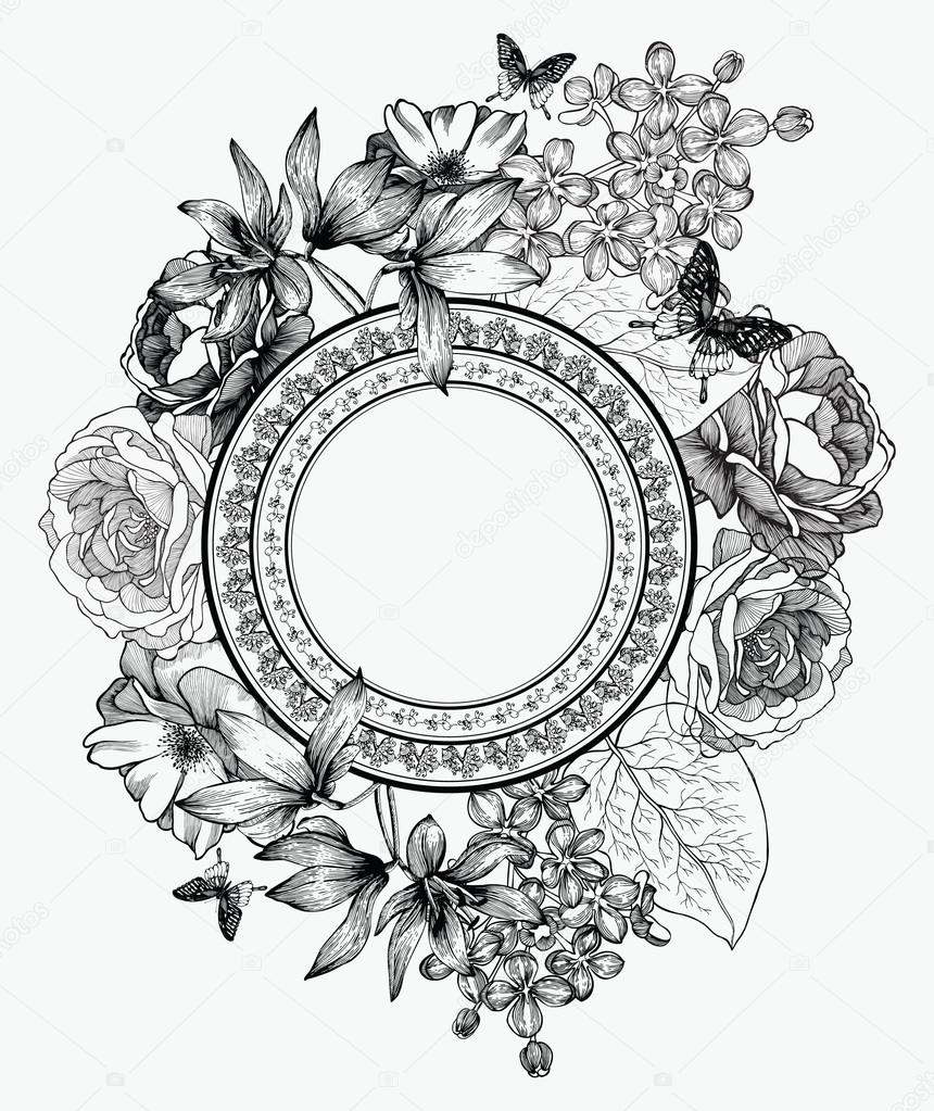 Black and white vector illustration. Frame with flowers and butt