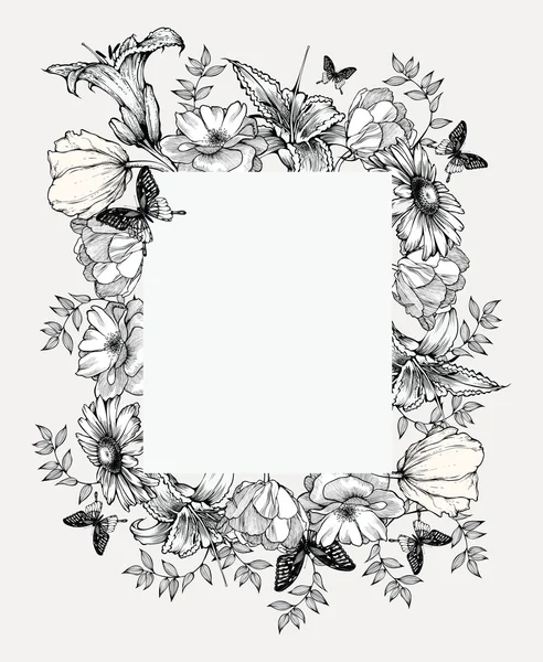 Illustrazione vettoriale in bianco e nero. Cornice vintage con fiori — Vettoriale Stock