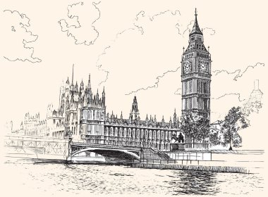Büyük Ben ve Houses of Parliament, Westminster, Londra, el-çizmek