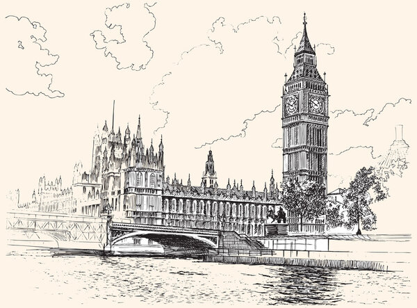 Big Ben and Houses of Parliament, Westminster, London, hand-draw