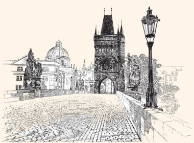 Prag, Charles Köprüsü, el çizimi, illüstrasyon vektör.