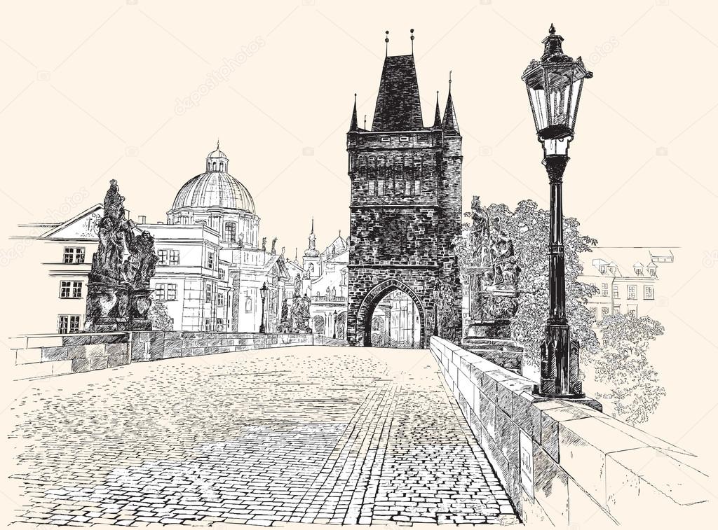 Prague, Charles Bridge, hand drawing, vector illustration.